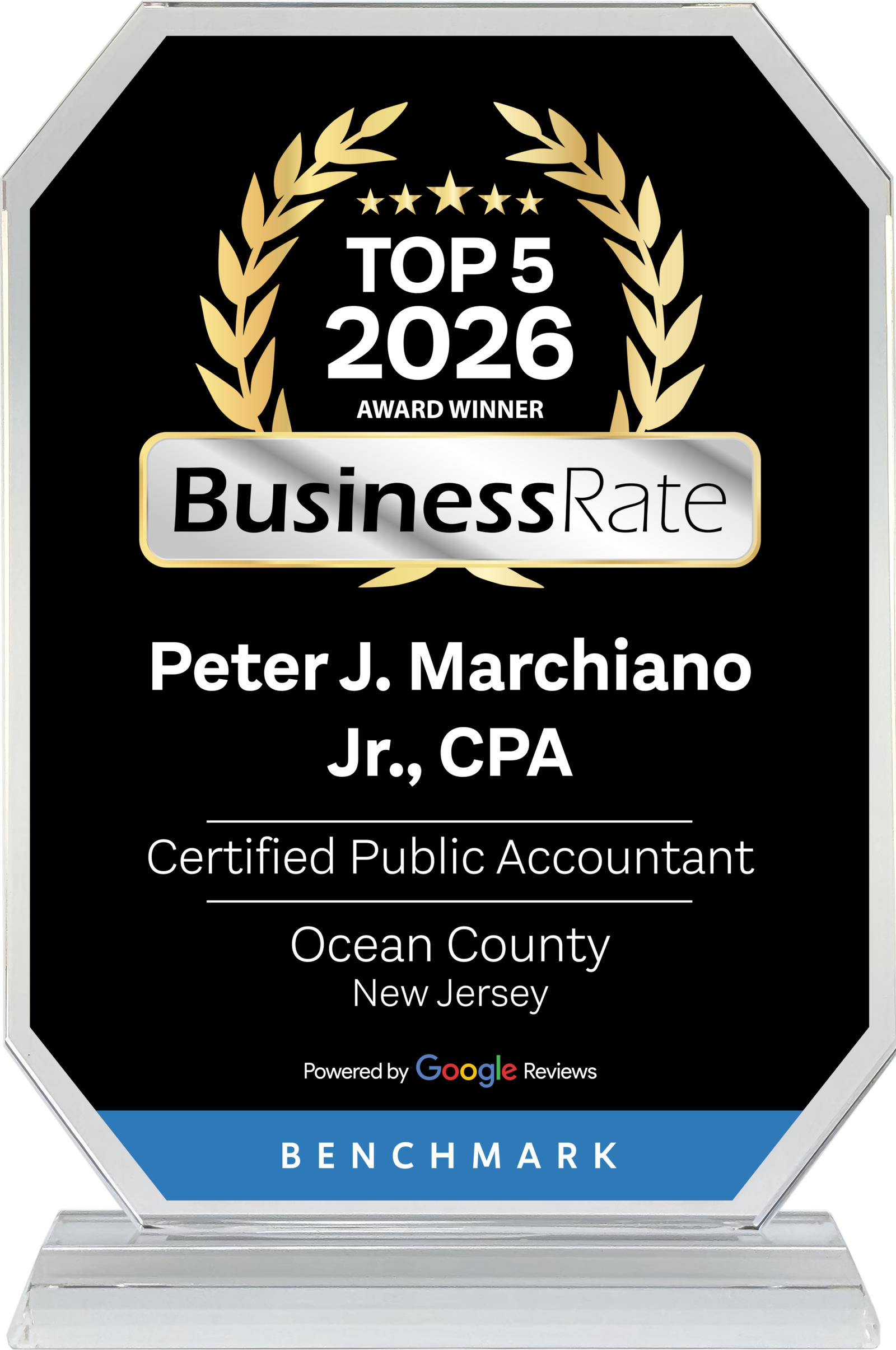 Octagonal black award plaque with gold laurel and 'Top 5 2026 Award Winner' alongside the BusinessRate logo.